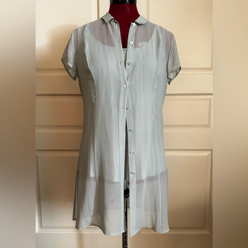 Eileen Fisher Pale Gray Sheer Button-Front Short Sleeve Tunic